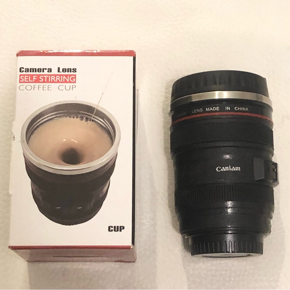 Camera Lens self-stirring coffee cup